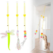 Hanging Door Bouncing Interactive Cat Toy Feather Stick Retractable Cat Teaser Wand Toy with Suction Cup Interactive Cat Toy