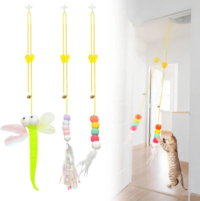 Hanging Door Bouncing Interactive Cat Toy Feather Stick Retractable Cat Teaser Wand Toy with Suction Cup Interactive Cat Toy