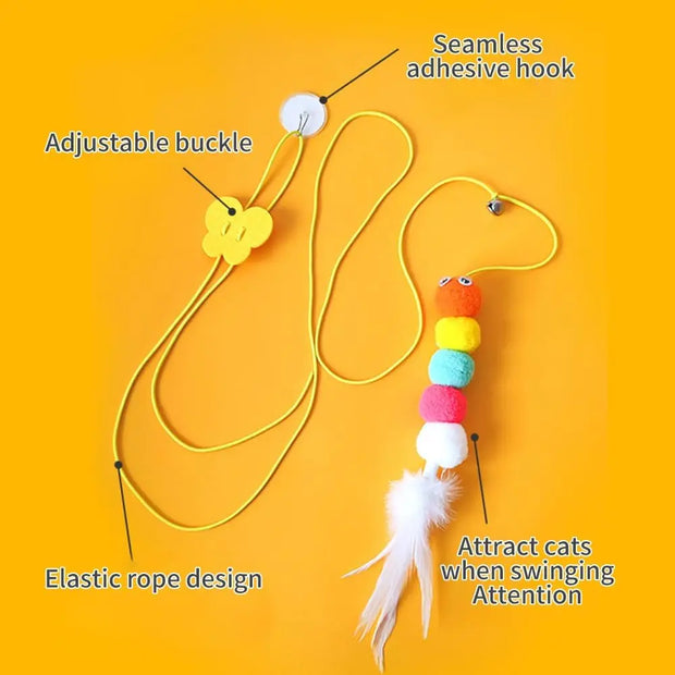 Hanging Door Bouncing Interactive Cat Toy Feather Stick Retractable Cat Teaser Wand Toy with Suction Cup Interactive Cat Toy