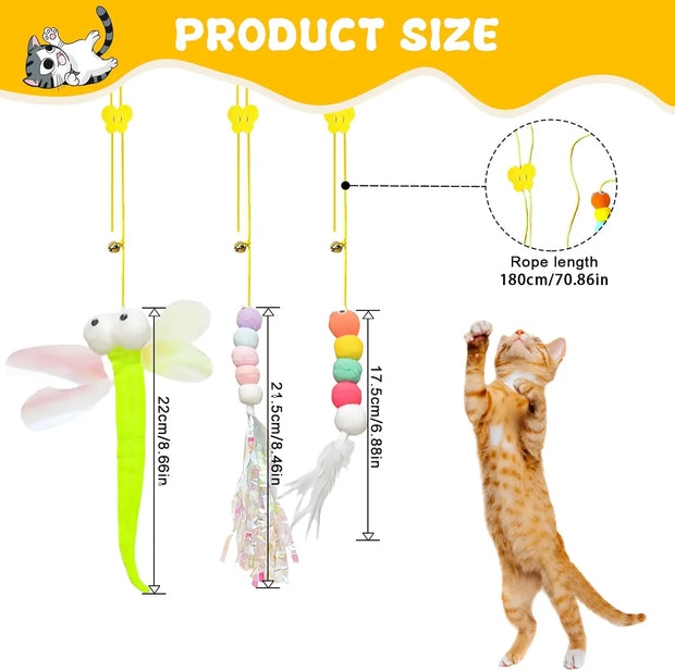 Hanging Door Bouncing Interactive Cat Toy Feather Stick Retractable Cat Teaser Wand Toy with Suction Cup Interactive Cat Toy